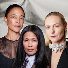 three mature women with glowing skin on a silver background