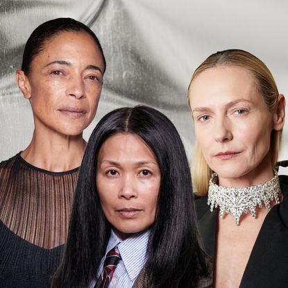 three mature women with glowing skin on a silver background
