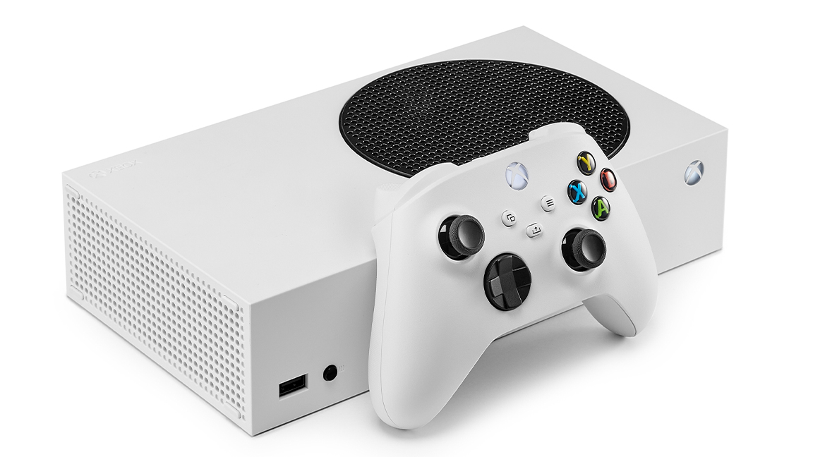 Best games console; a white Xbox Series S and controller on a white background