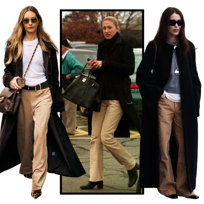 Carolyn bessette kennedy with black border and fashion week attendees wearing khaki pants on white background
