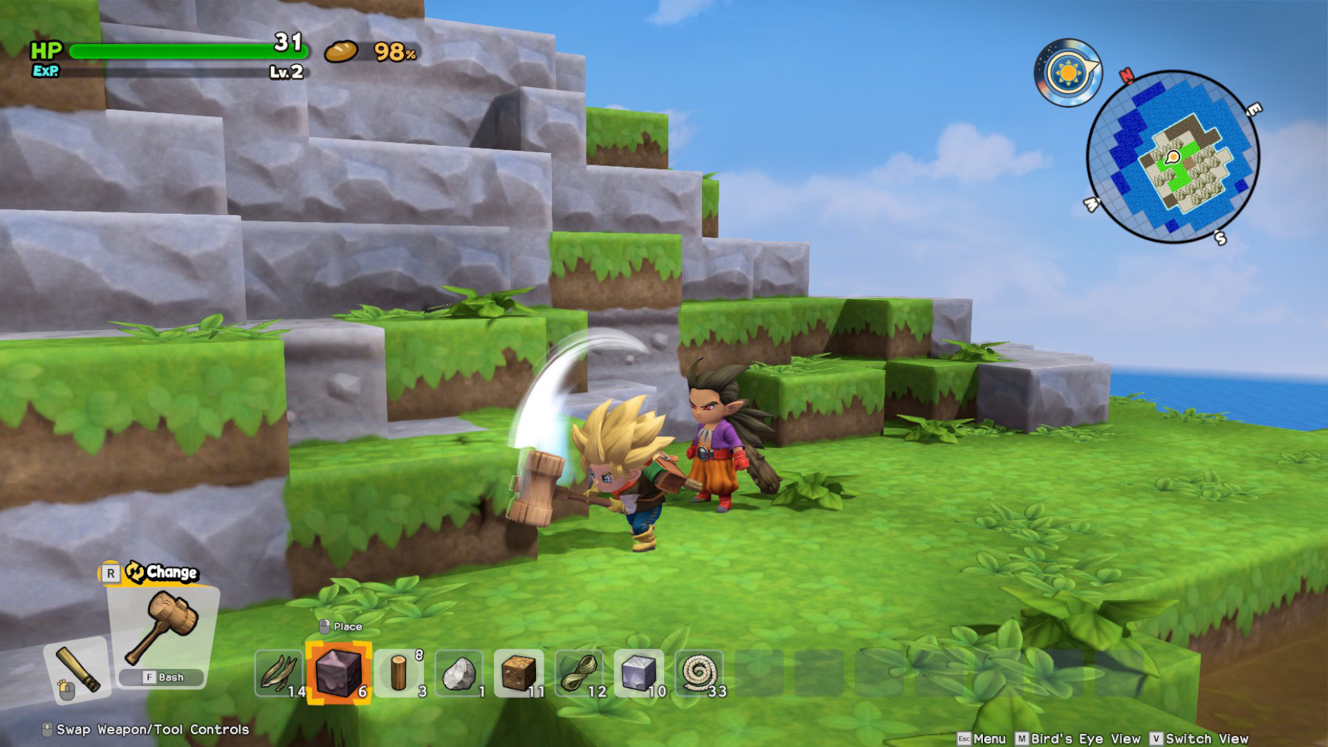 The hero and Malroth whacking blocky terrain with a hammer during Dragon Quest Builders 2