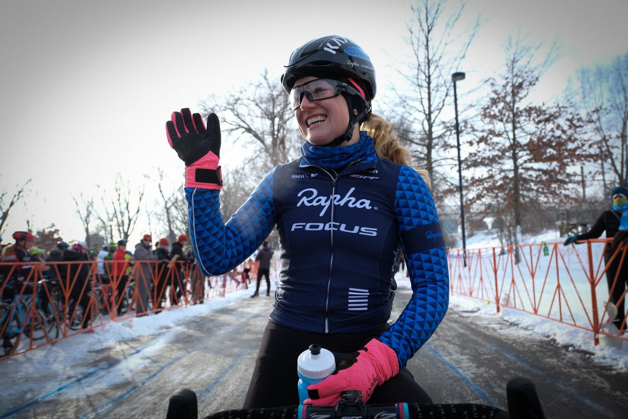 Ellen Noble (Aspire Racing) waves to family and friends after getting the first call-up