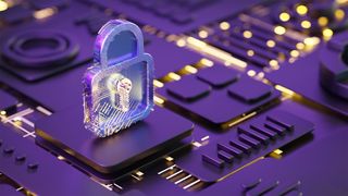 cybersecurity concept image showing digitized padlock resting on top of circuit boards.