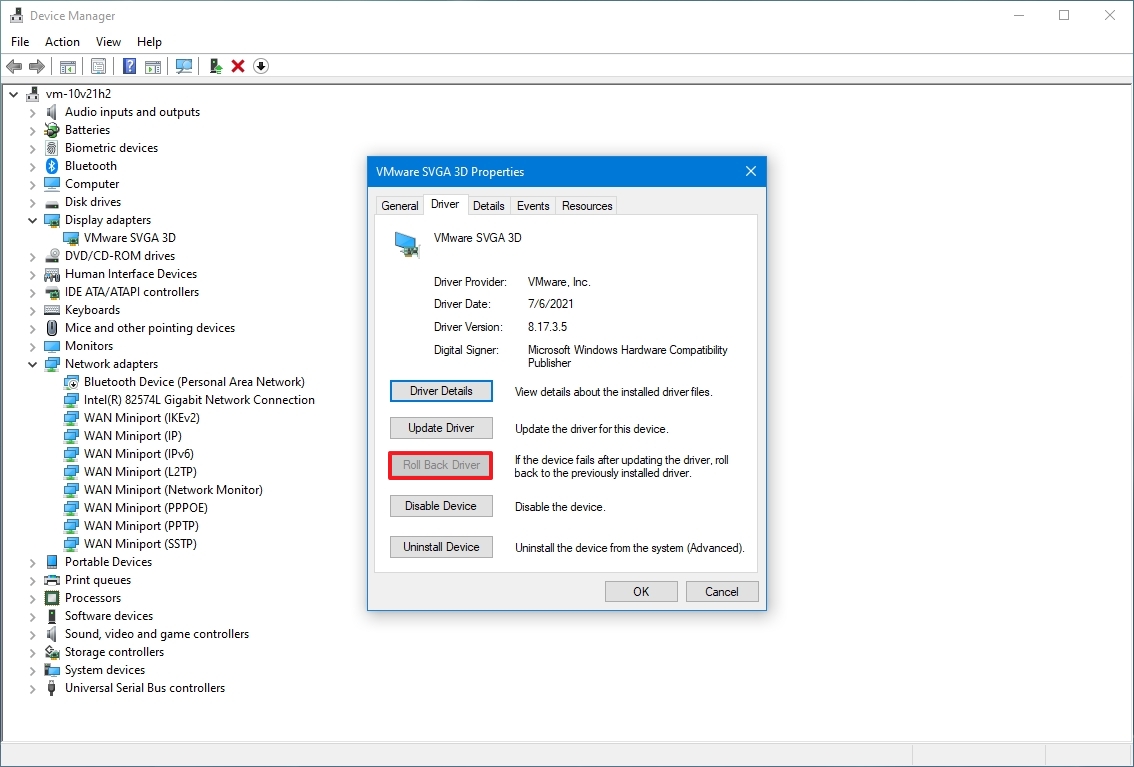 Device Manager rollback driver