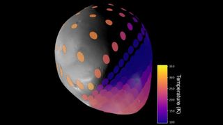 the temperature of different regions of deimos is visible in an infrared view. at left are what appear to be spots of different temperatures and at right are more gradual bands. a temperature scale in kelvin is visible on the right