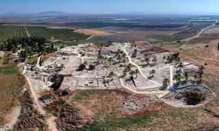 Aerial view of what remains of the ancient city of Megiddo.