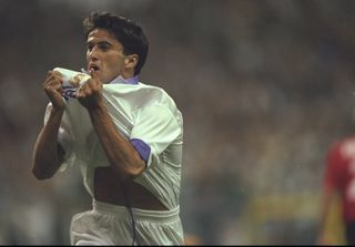 Christian Panucci celebrates after scoring for Real Madrid against Rosenborg in the Champions League in September 1997.