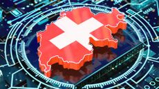 Digital transformation concept image showing outline of Switzerland placed on top of a digital interface.