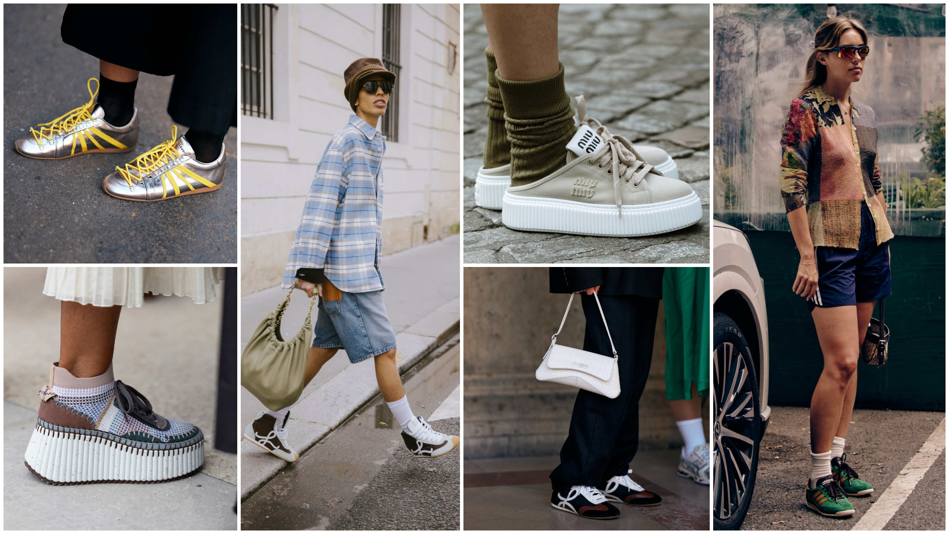 a collage of women at fashion week wearing designer sneakers from Chloe, Miu Miu, Loewe, and more