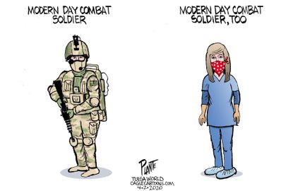 Editorial Cartoon U.S. COVID-19 U.S. Military nurses soldiers modern combat