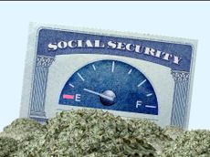 A fuel gauge and a Social Security card embedded in piles of cash to illustrate the issue of Social Security insolvency.