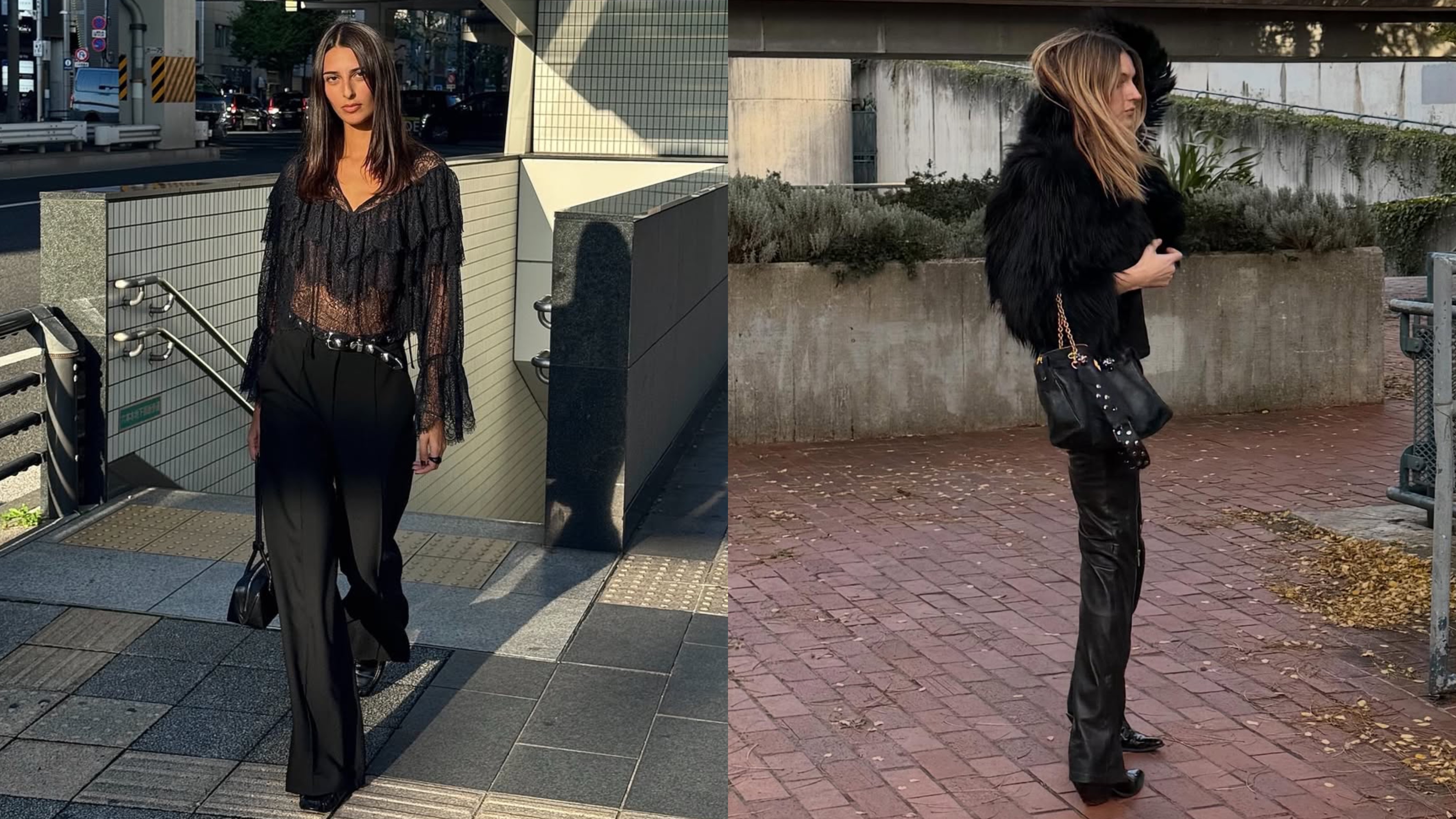 Two images of women wearing black pants with matching accessories.