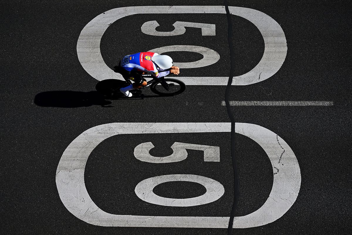 MADRID, SPAIN - SEPTEMBER 08: Mathias Vacek of Czech Republic and Team Lidl Trek sprints during the La Vuelta - 79th Tour of Spain 2024, Stage 21 a 24.6km individual time trial stage from Madrid to Madrid / #UCIWT / on September 08, 2024 in Madrid, Spain. (Photo by Dario Belingheri/Getty Images)