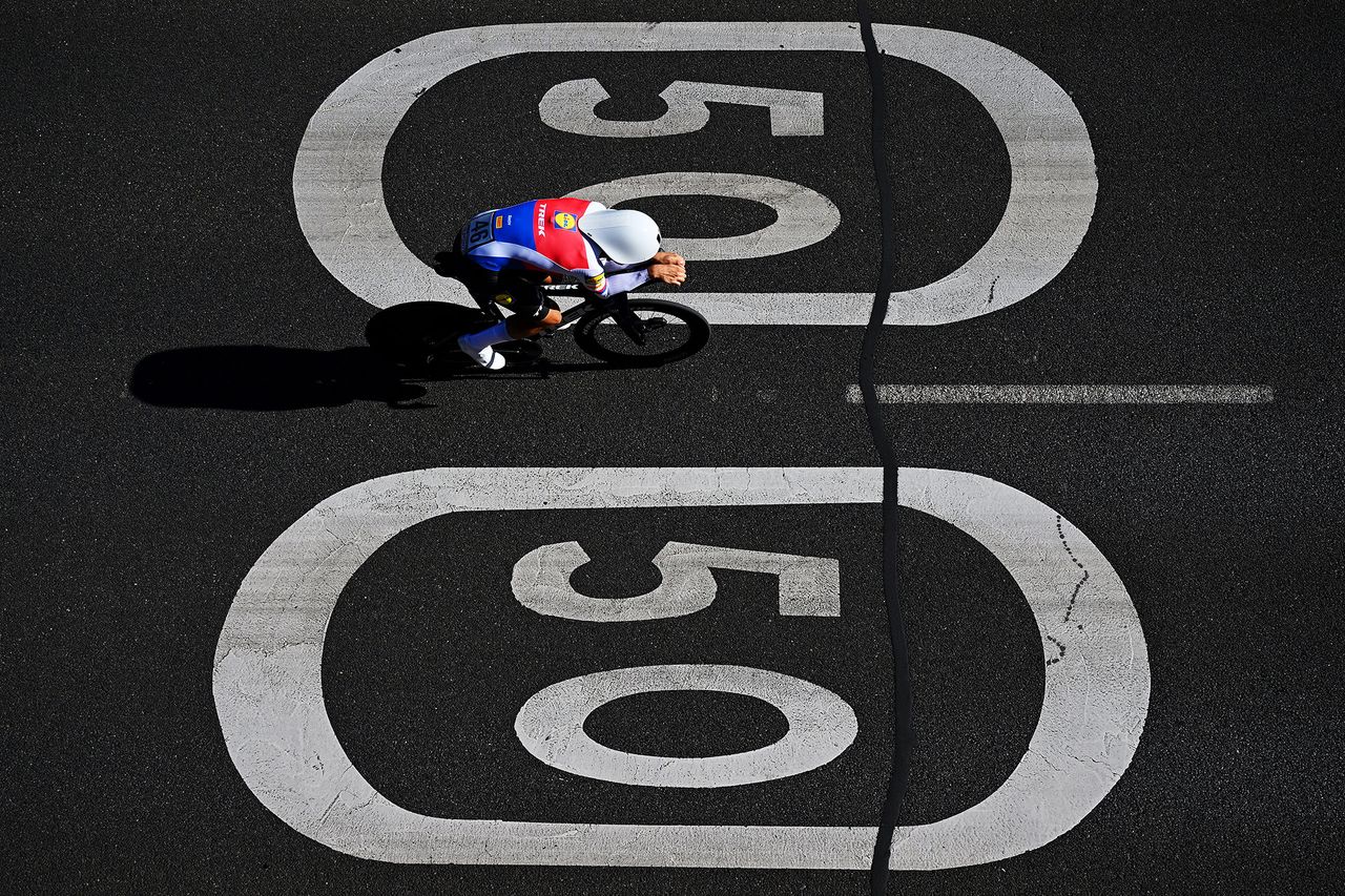 MADRID, SPAIN - SEPTEMBER 08: Mathias Vacek of Czech Republic and Team Lidl Trek sprints during the La Vuelta - 79th Tour of Spain 2024, Stage 21 a 24.6km individual time trial stage from Madrid to Madrid / #UCIWT / on September 08, 2024 in Madrid, Spain. (Photo by Dario Belingheri/Getty Images)