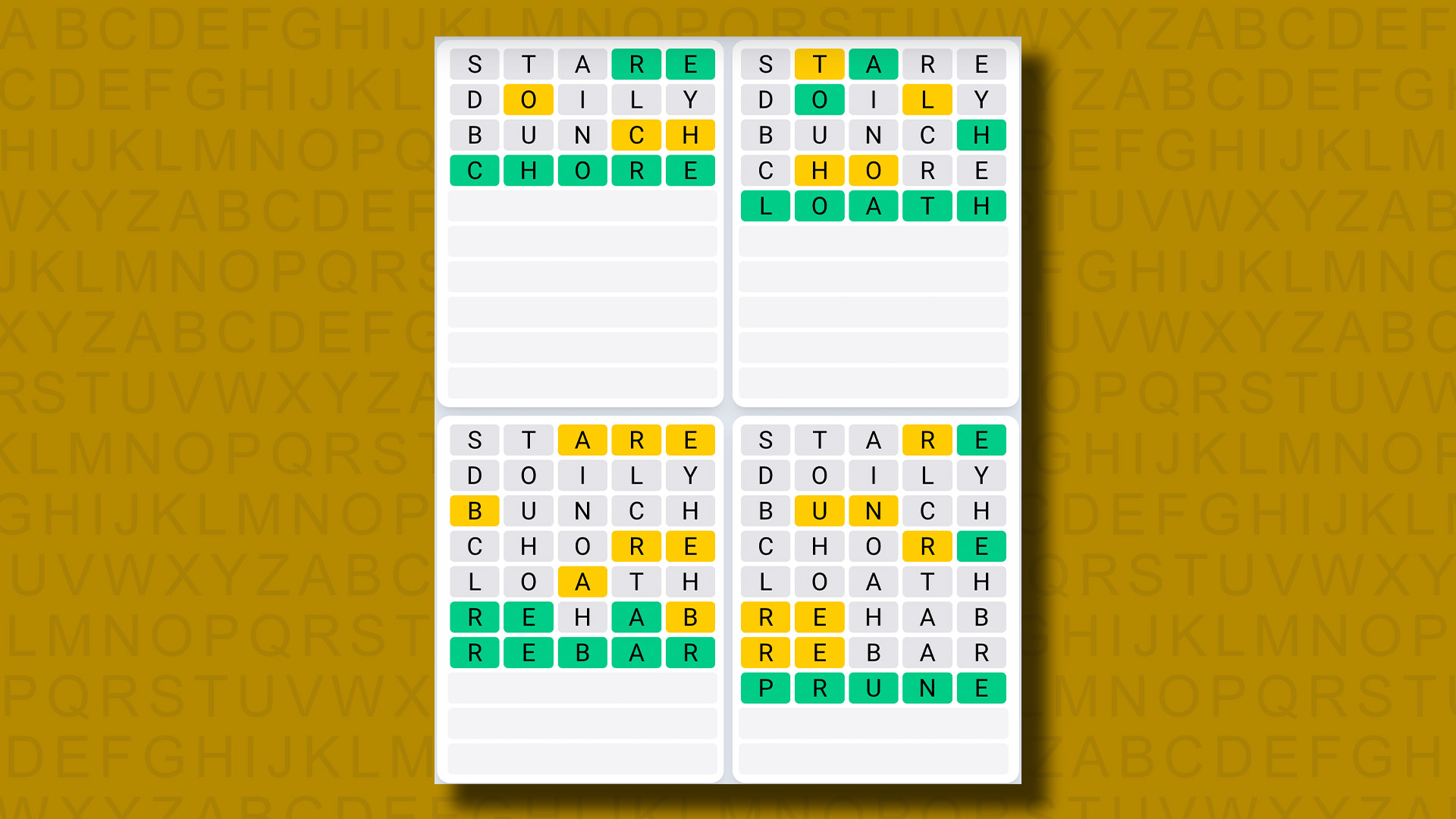 Quordle daily sequence answers for game 866 on a yellow background