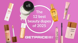 Pink/purple background with white writing in the middle that says The 12 best beauty dupes of 2025 with scattered images of beauty products around it