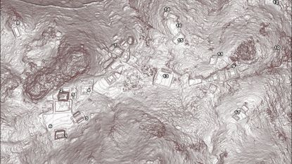A lidar map showing the location of various archaeological sites