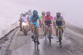 Vincenzo Nibali, Steven Kruijswijk and Esteban Chaves near the top of the Colle dell'Agnello on the 2016 Giro d'Italia.