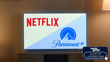 Netflix and Paramount+ logos on a television set with Click to Unsubscribe graphic