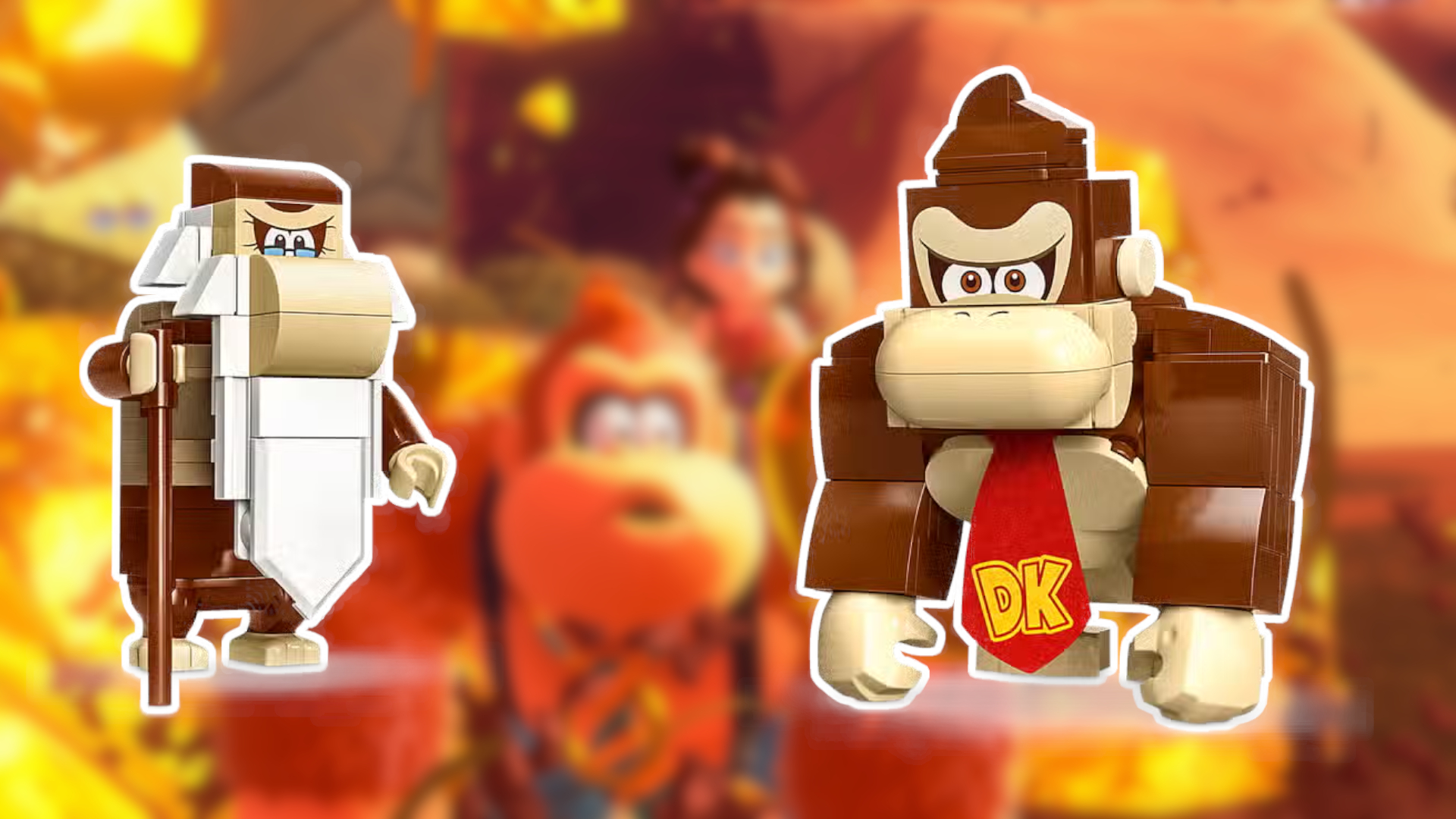 Lego DK and Kranky Kong figures with white outlines against a screenshot of Donkey Kong Bananza