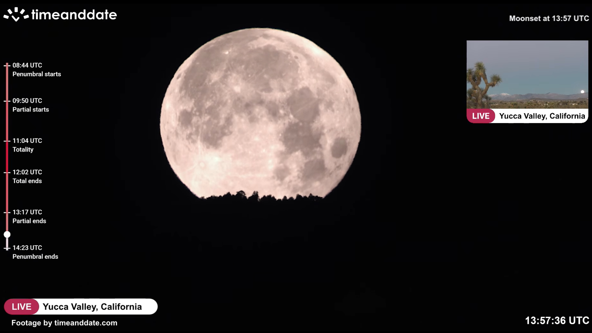 A full moon is shown setting on the horizon against a black sky.