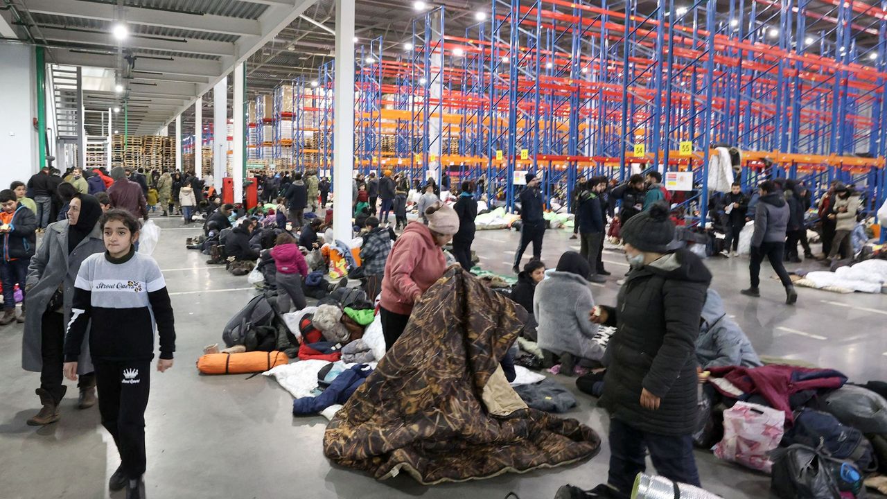 Migrants inside temporary accommodation in Bruzgi, Belarus