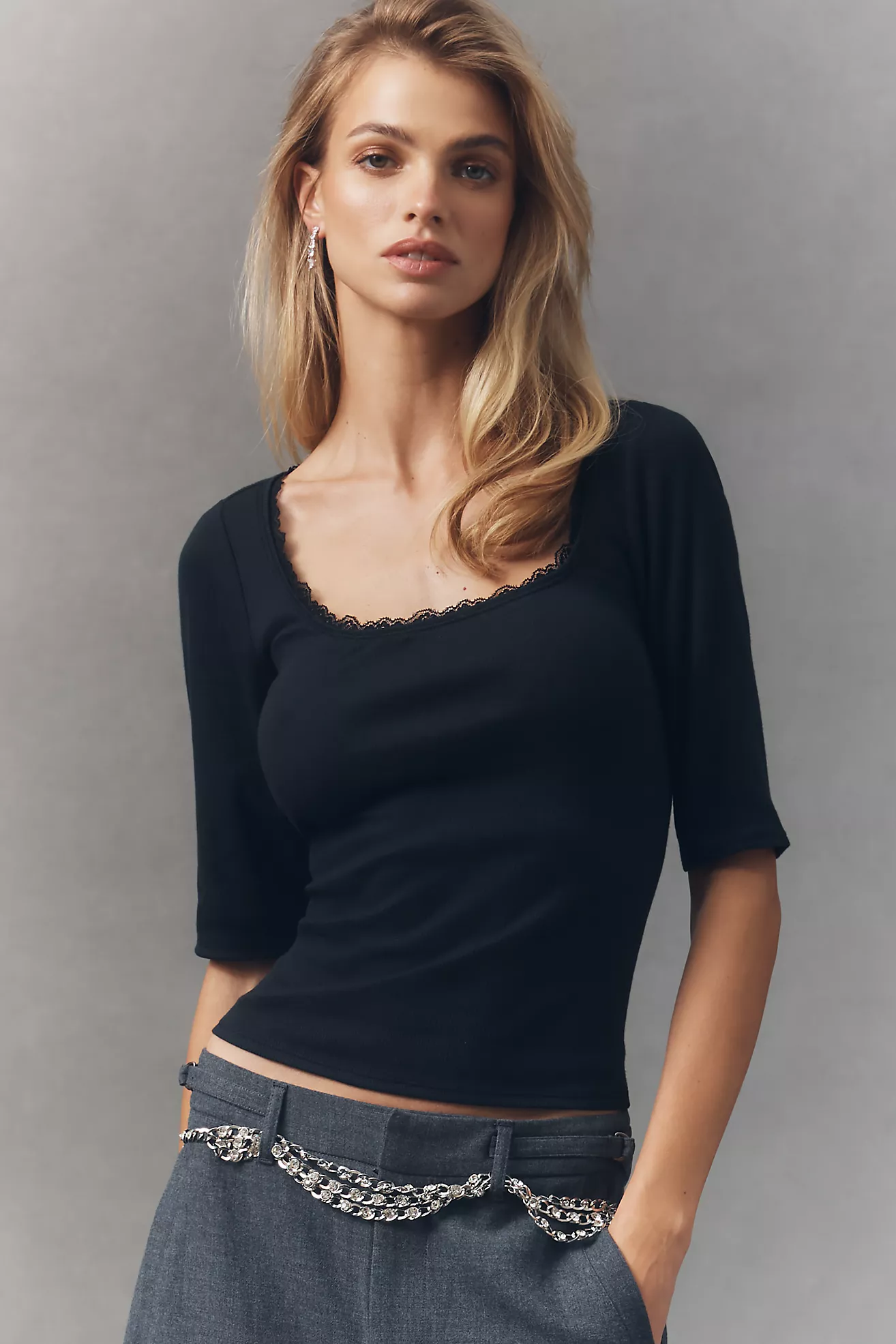 Maeve Lace-Trimmed Three-Quarter Sleeve Top