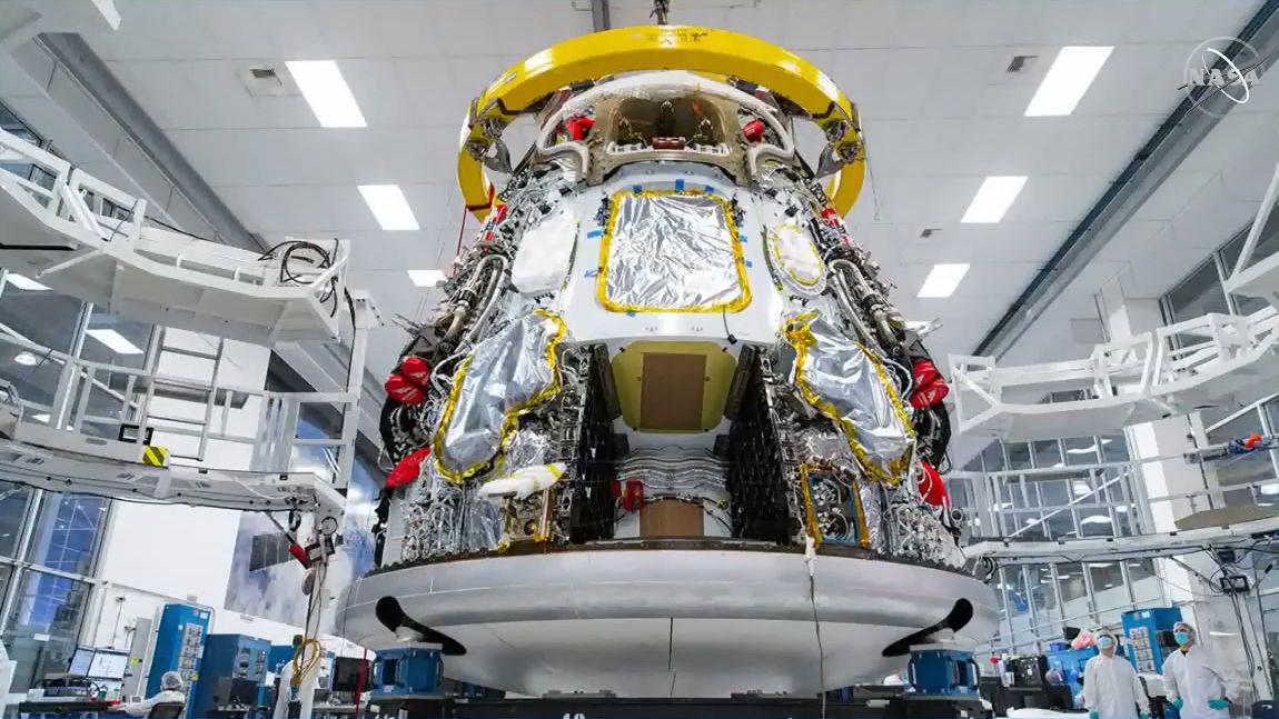 SpaceX&#039;s Crew-1 Crew Dragon space capsule is seen nearly complete at the company&#039;s Hawthorne, California facility. 