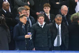 Oliver Glasner, Manager of Crystal Palace (C) and Steve Parish, Chairman of Crystal Palace (L) look on from the stand during the Premier League match between Everton FC and Crystal Palace at Goodison Park on February 19, 2024 in Liverpool, England. (Photo by Matt McNulty/Getty Images)