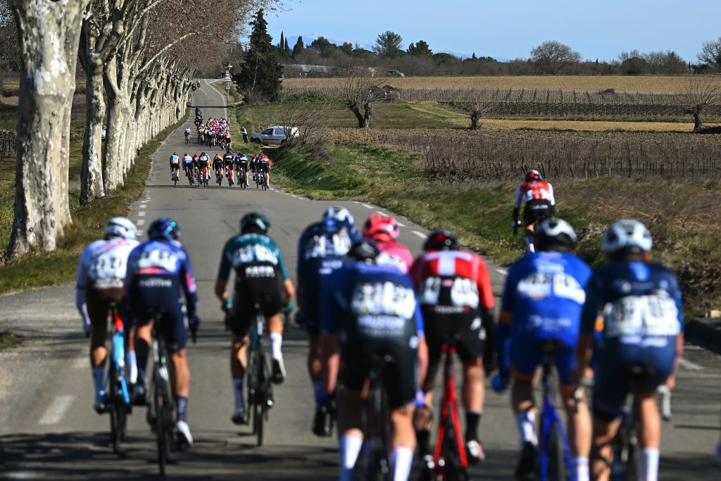 BROUZET LES ALES FRANCE FEBRUARY 04 Ayco Bastiaens of Belgium and Team AlpecinDeceuninck Leo Danes of France and Team CIC U Nantes Atlantique Larry Valvasori of Luxembourg and Team Nice Metropole Cote dAzur Rait Arm of Estonia and Team Go Sport Roubaix Lille Metropole in echelon formation due the crosswind during the 53rd Etoile de Besseges Tour Du Gard 2023 Stage 4 a 1475km stage from SaintChristolLzAls to Le Mont Bouquet Brouzet ls Als 616m EDB2021 on February 04 2023 in SaintChristolLzAls France Photo by Luc ClaessenGetty Images
