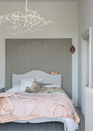 Farrow and Ball Samphire wallpaper used in a traditional bedroom