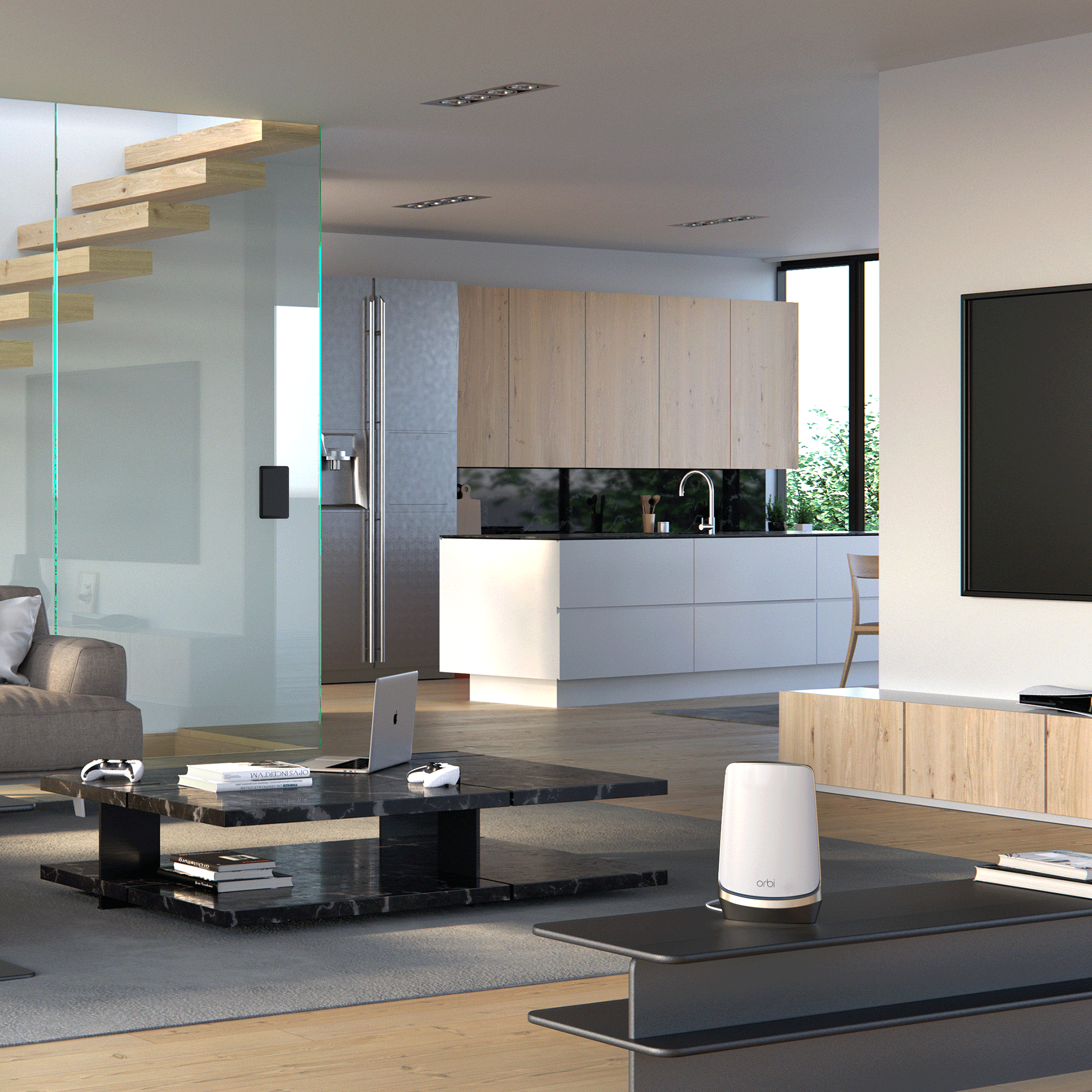 White living room with wifi router on table