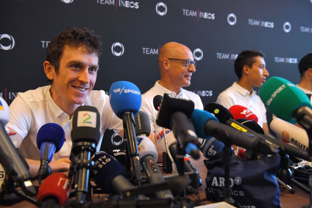 Geraint Thomas with David Brailsford and Egan Bernal