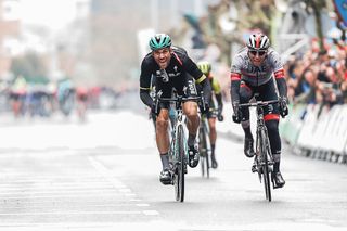 Maximilian Schachmann (Bora-Hansgrohe) and Tadej Pogacar (UAE Team Emirates) finish first and second on stage 4 at Pais Vasco