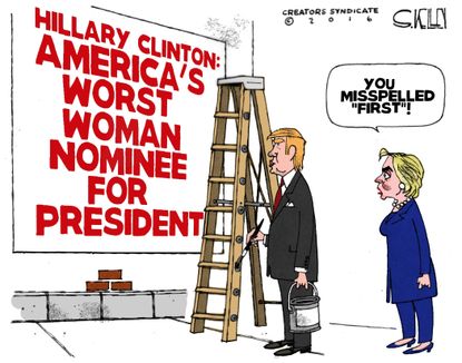 Political cartoon U.S. Hillary Clinton Donald Trump first woman nominee