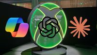 Three AI logos on a dark background: a large Xbox logo in green and gray in the center, a colorful gradient logo on the left, and an abstract orange symbol on the right.