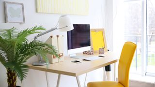 Beste PC-skjerm til kontoret: Et fargerikt hjemmekontor med bregner, gul kontorstol og enkel tilgang til balkong 