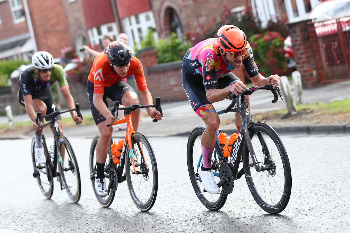 Picture by SWpix.com - 09/09/2021 - Cycling - AJ Bell Tour of Britain Stage 5 - Alderley Park to Warrington, England - Dan Bingham of Ribble Weldtite Pro Cycling, Nickolas Zukowsky of Rally Cycling and Christopher Blevins of TRINITY Racing break away during the AJ Bell Tour of Britain Stage 5