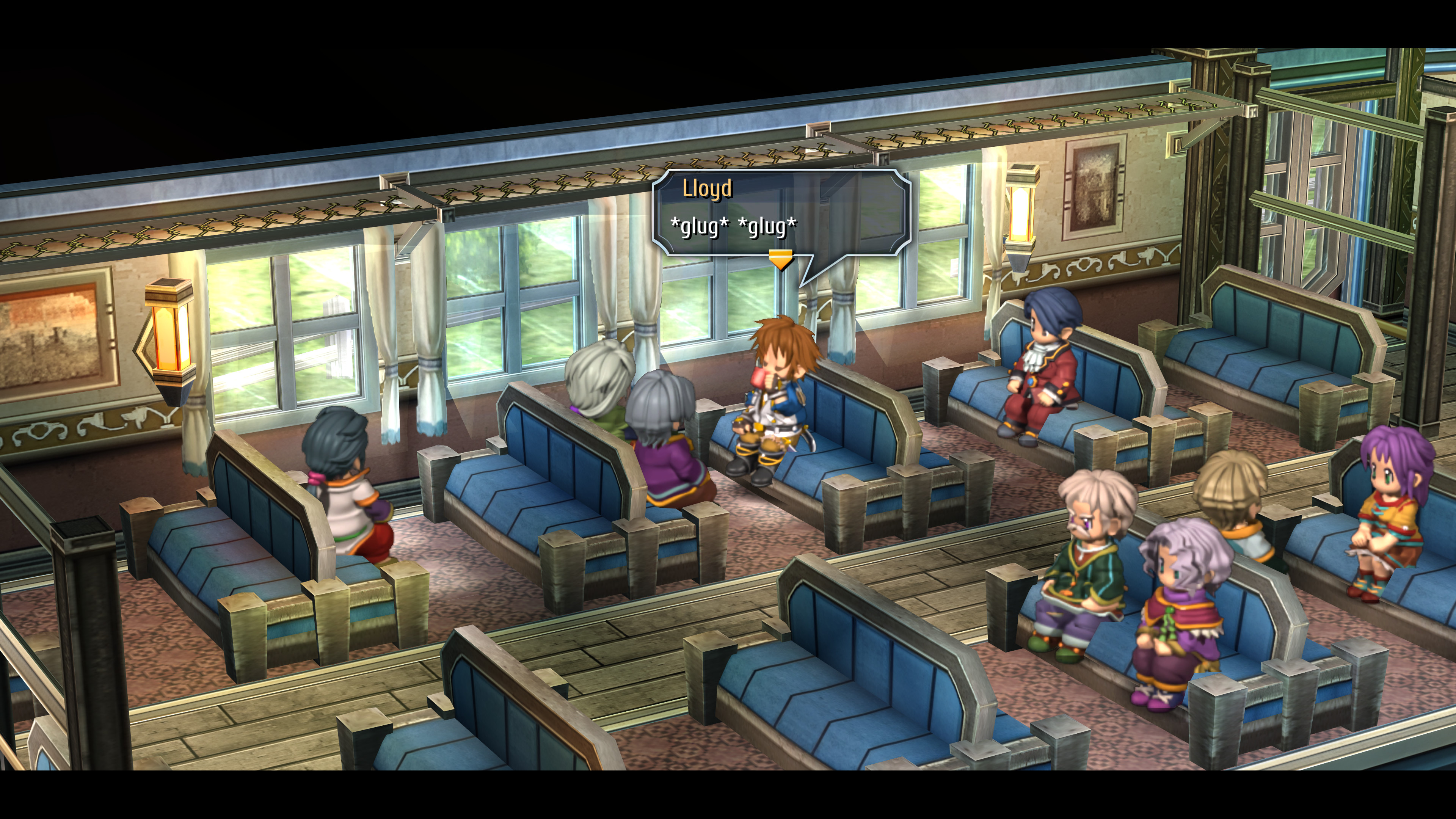 Lloyd chugs some coffee on a train in The Legend of Heroes: Trails from Zero