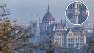 A picture of the Hungarian Parliament building in Budapest with a loupe view magnifying the architecture by 400% to show the detail in this high resolution picture