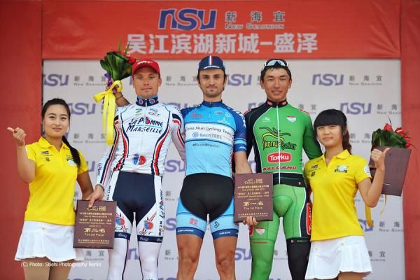 Stage 7 podium: Benjamin Giraud (La Pomme Marseille), Jullien Sebastien (China Jilun Cycling Team) and Ahmet Orken (Konya Torku Seker Spor)