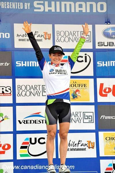 On the podium at Houffalize, Willow Koerber (Subaru / Gary Fisher) donned the World Cup Leader's Jersey for the first time.