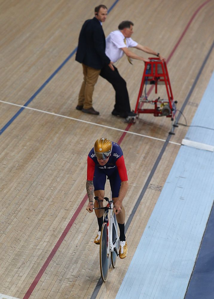 Bradley Wiggins on his way to breaking the UCI One Hour Record at Lee Valley Velopark Velodrome.