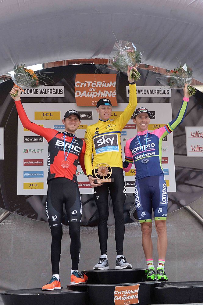 Final podium (l-r): Tejay van Garderen (BMC), Chris Froome (Team Sky), Rui Costa (Lampre-Merida)