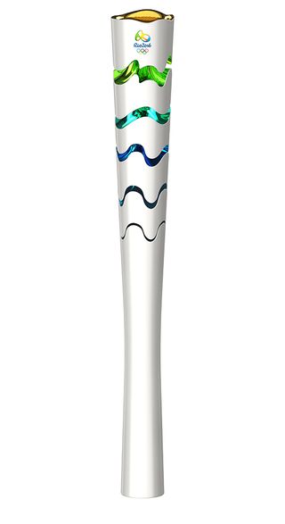 White background, Rio 2016 Olympic torch coated with a pearl white epoxy resin, a rainbow of different colours within, symbolising elements of Brazil's landscape
