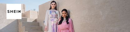 Shein logo placed over a wide image of two ladys posing with stone wall behind them