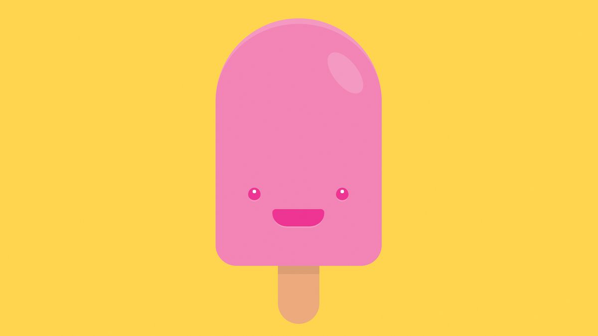 A pink ice cream bar graphic with a happy smiling face