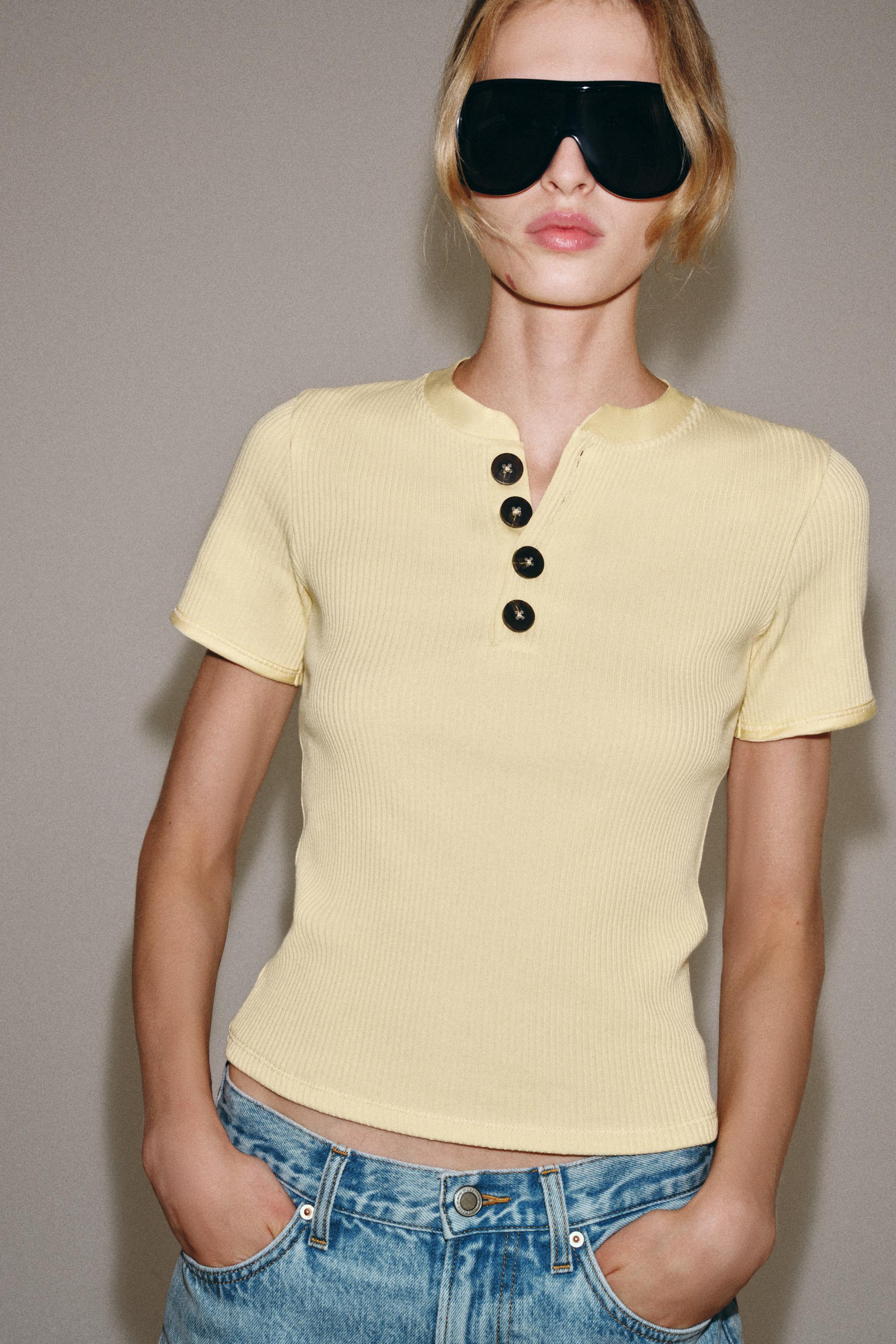 Cotton Button T-Shirt - Lemon - S