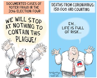 Political Cartoon U.S. GOP voter fraud coronavirus