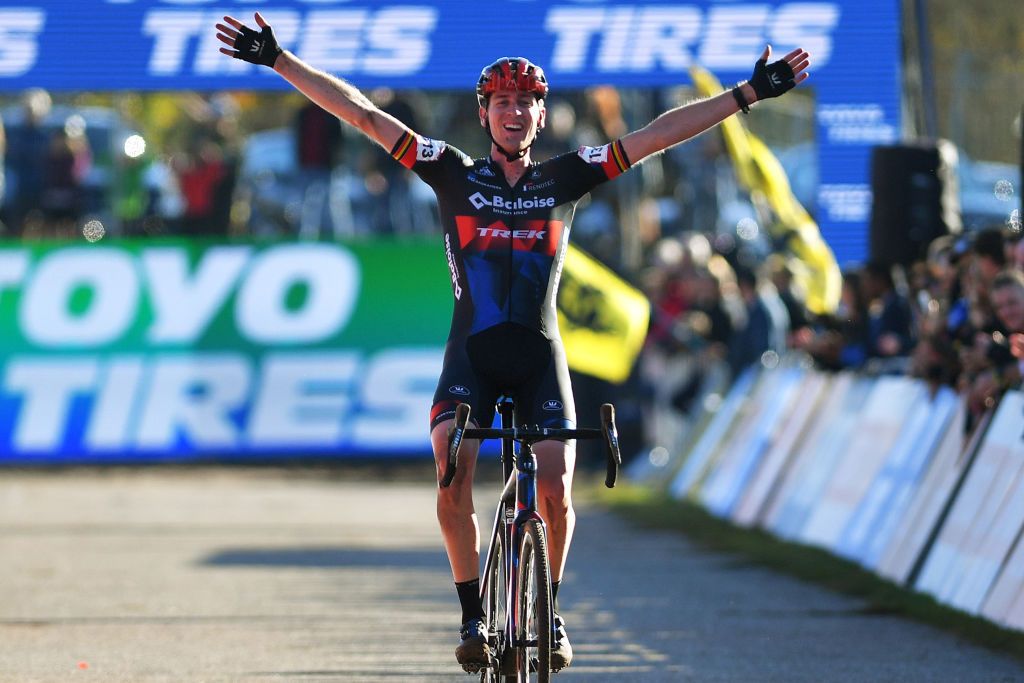 ZONHOVEN BELGIUM OCTOBER 24 Toon Aerts of Belgium and Team Baloise Trek Lions celebrates at finish line as race winner during the 25th Zonhoven UCI CycloCross Worldcup 2021 Mens Elite CXWorldCup UCIcyclocrossWC zonhoven on October 24 2021 in Zonhoven Belgium Photo by Luc ClaessenGetty Images